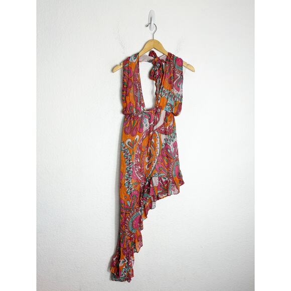 Sundress Amina Dress Size Large Fuchsia orange Print Halter Neck Asymmetric Hem - Picture 3 of 14